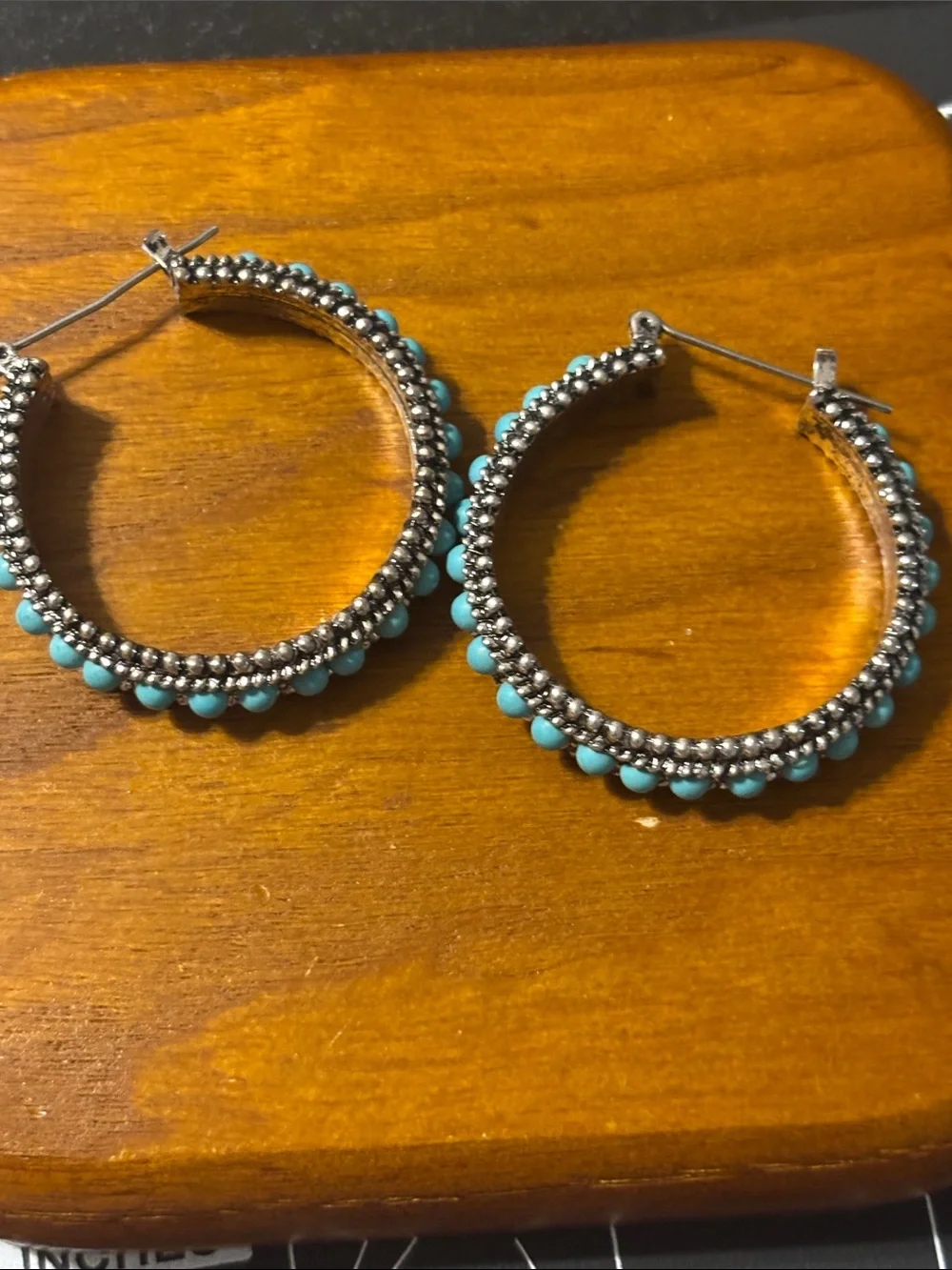 Southwestern Blue Turquoise  Color Accented Silver Hoop & Dangle Earring